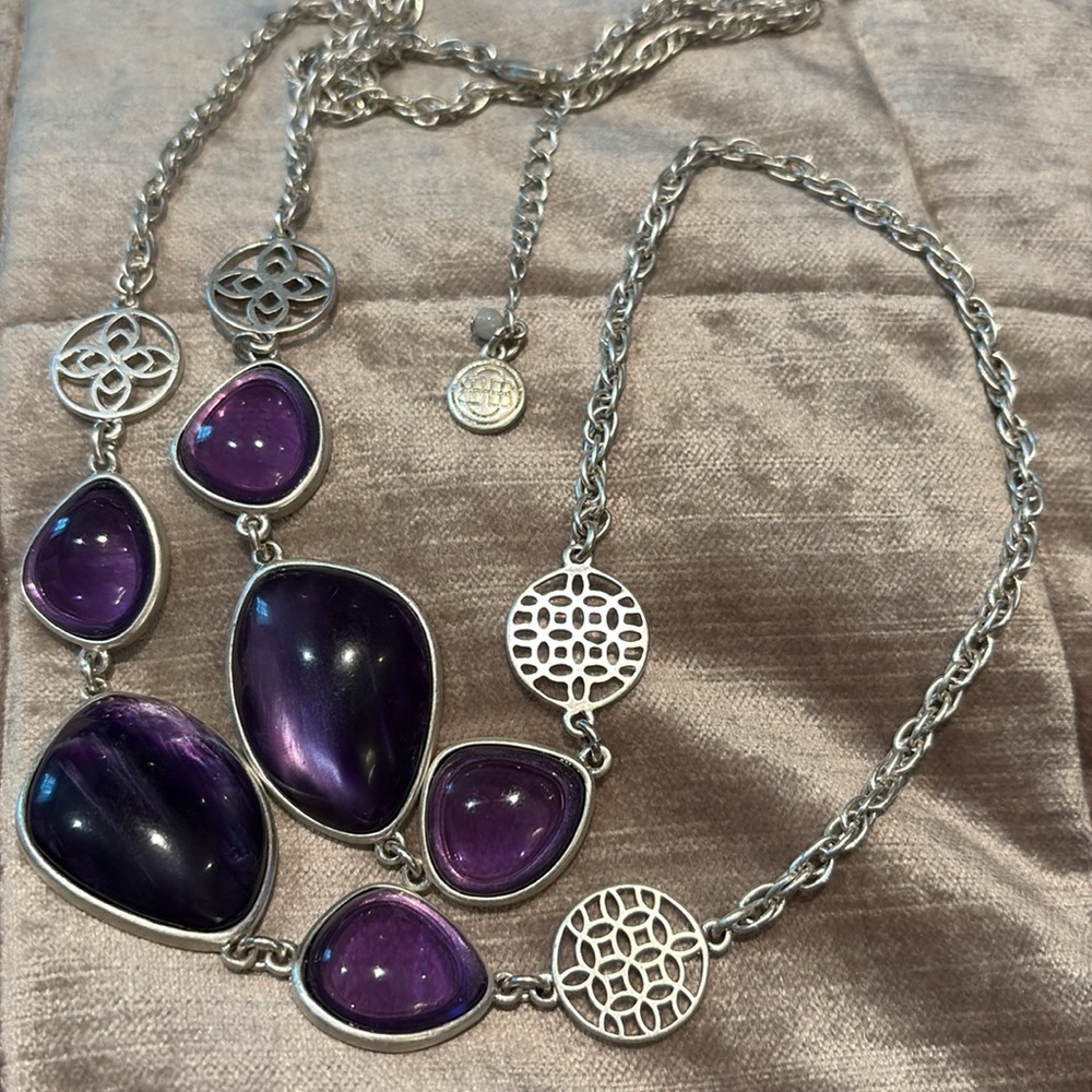 Dana Buchman Purple and Silver Cabochon Station Necklace 38”